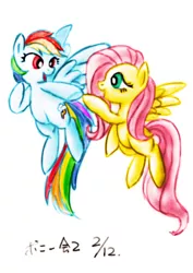 Size: 904x1280 | Tagged: artist:remyroez, derpibooru import, duo, eye contact, floating, fluttershy, flying, looking at each other, open mouth, rainbow dash, safe, signature, simple background, spread wings, white background