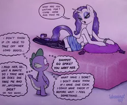 Size: 1800x1490 | Tagged: suggestive, artist:dubstepina, derpibooru import, rarity, spike, dragon, pony, semi-anthro, unicorn, bed, blushing, boots, dialogue, female, high heel boots, hooker, imminent foalcon, imminent sex, implied foalcon, male, mare, open mouth, prostitute, prostitution, shipping, shoes, sparity, speech bubble, straight, thigh boots, thought bubble