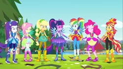 Size: 1100x618 | Tagged: safe, derpibooru import, screencap, applejack, fluttershy, pinkie pie, rainbow dash, rarity, sci-twi, sunset shimmer, twilight sparkle, equestria girls, legend of everfree, boots, clothes, crystal guardian, crystal wings, eyes closed, glasses, gloves, high heel boots, holding hands, legs, pants, ponied up, scenery, shoes, sneakers, super ponied up, wings