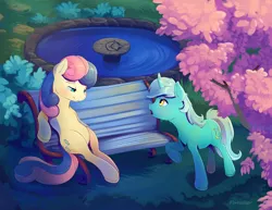 Size: 2200x1700 | Tagged: safe, artist:viwrastupr, derpibooru import, bon bon, lyra heartstrings, sweetie drops, earth pony, pony, unicorn, bench, bush, close-up, fountain, grass, lidded eyes, open mouth, raised hoof, scenery, sitting, smiling, tree