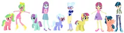 Size: 3616x972 | Tagged: safe, artist:animeponynintendo, derpibooru import, indigo zap, lemon zest, sour sweet, sugarcoat, sunny flare, ponified, pony, equestria girls, alternate hairstyle, boots, clothes, cute, denim skirt, equestria girls ponified, glasses, high heels, overalls, pants, ponytail, shadow five, shoes, shorts, skirt