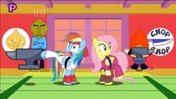 Size: 1136x640 | Tagged: anvil, artist:mysteryben, black belt, clothes, crossover, crying, derpibooru import, fingerless gloves, fluttershy, gi, gloves, karate, martial arts, parappa the rapper, rainbow dash, rhythm heaven, rhythm is magic, robe, safe, scared, street fighter, trousers, video at source, youtube link