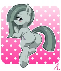 Size: 1200x1400 | Tagged: suggestive, artist:acesrockz, derpibooru import, marble pie, pony, blushing, butt, featureless crotch, female, looking at you, looking back, marblebutt, no panties, nudity, plot, solo, underhoof