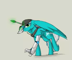 Size: 1596x1332 | Tagged: safe, artist:sinrar, derpibooru import, oc, oc:frosty winds, unofficial characters only, cyborg, pegasus, pony, fallout equestria, fallout equestria: memories, amputee, cap, folded wings, hat, prosthetic limb, prosthetics, solo, weapon