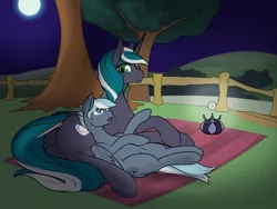 Size: 1280x961 | Tagged: safe, artist:m-p-l, derpibooru import, oc, oc:vanilla buns, unofficial characters only, pegasus, pony, unicorn, fence, lantern, lying down, moon, moonlight, mother and daughter, on back, pony pillow, side, tree