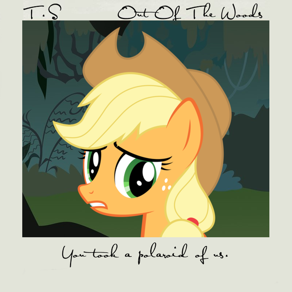 Size: 800x800 | Tagged: album, album cover, applejack, artist:penguinsn1fan, artist:rubez2525, cover, derpibooru import, out of the woods, parody, safe, solo, taylor swift