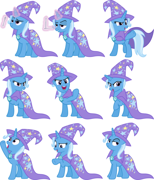 Size: 1000x1168 | Tagged: safe, artist:jeatz-axl, derpibooru import, trixie, pony, unicorn, no second prances, cape, clothes, expressions, hat, levitation, lidded eyes, magic, open mouth, raised eyebrow, raised hoof, simple background, smiling, solo, telekinesis, transparent background, trixie's cape, trixie's hat, vector