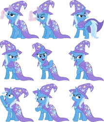 Size: 1000x1168 | Tagged: safe, artist:jeatz-axl, derpibooru import, trixie, pony, unicorn, no second prances, cape, clothes, expressions, hat, levitation, lidded eyes, magic, open mouth, raised eyebrow, raised hoof, simple background, smiling, solo, telekinesis, transparent background, trixie's cape, trixie's hat, vector