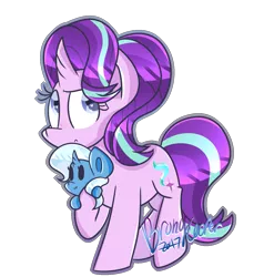 Size: 1385x1402 | Tagged: safe, artist:lynchristina, derpibooru import, starlight glimmer, trixie, pony, unicorn, blushing, female, heart eyes, lesbian, plushie, shipping, signature, simple background, solo, startrix, transparent background, wingding eyes