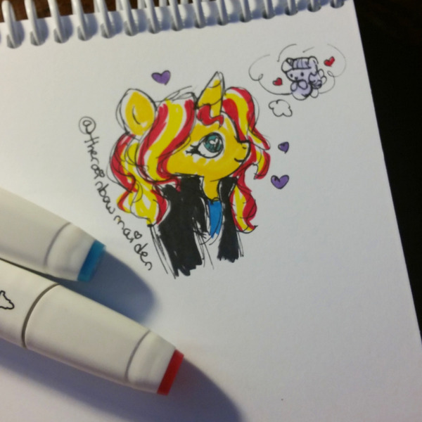 Size: 1280x1280 | Tagged: safe, artist:therainbowmaiden, derpibooru import, sunset shimmer, twilight sparkle, twilight sparkle (alicorn), alicorn, pony, unicorn, clothes, cute, female, heart, heart eyes, irl, jacket, lesbian, mare, marker, marker drawing, markers, photo, shimmerbetes, shipping, simple background, smiling, sunsetsparkle, thought bubble, traditional art, twiabetes, wingding eyes