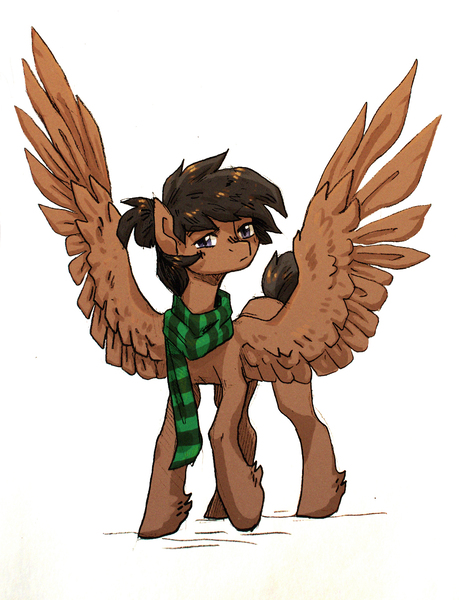 Size: 1050x1372 | Tagged: safe, artist:koviry, derpibooru import, oc, unofficial characters only, pegasus, pony, clothes, female, looking at you, mare, scarf, simple background, solo, spread wings, unshorn fetlocks, white background