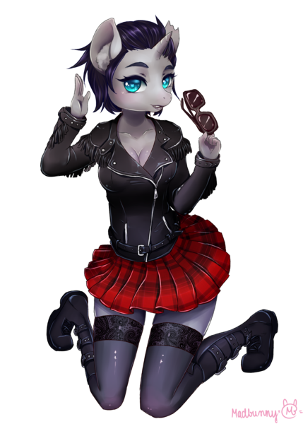 Size: 5905x8267 | Tagged: safe, artist:vanilla166, derpibooru import, oc, oc:iron rose, unofficial characters only, anthro, plantigrade anthro, unicorn, absurd resolution, beautiful, black hair, boots, cleavage, clothes, cute, female, heavy boots, jacket, leather boots, leather jacket, looking at you, miniskirt, ocbetes, plaid, pleated skirt, sexy, short hair, skirt, socks, solo, stockings, sunglasses, thigh highs