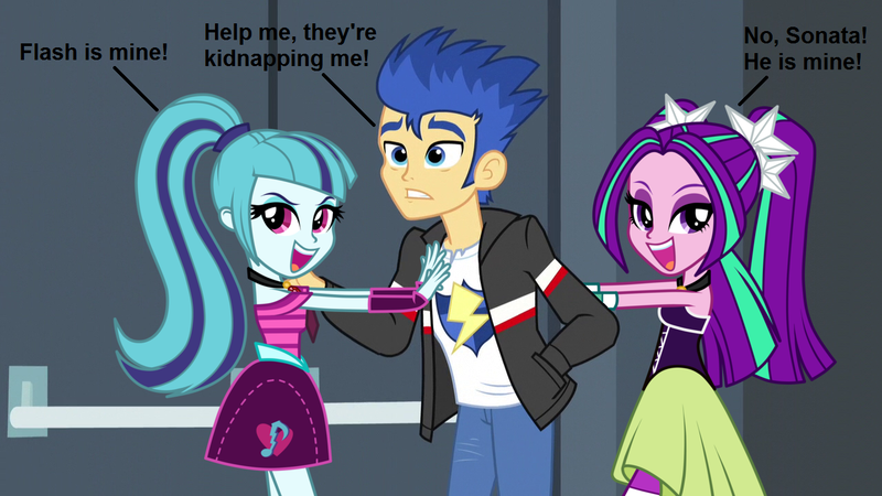 Size: 1280x720 | Tagged: safe, artist:mixiepie, artist:themexicanpunisher, derpibooru import, aria blaze, flash sentry, sonata dusk, equestria girls, clothes, dialogue, door, female, flash sentry gets all the mares, flasharia, male, pants, senata, shipping, skirt, sleeveless, straight, valentine's day