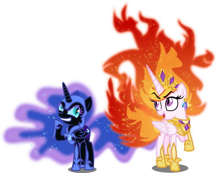 Size: 6000x4782 | Tagged: safe, artist:orin331, derpibooru import, nightmare moon, nightmare star, alicorn, pony, absurd resolution, adorabolical, armor, cewestia, cute, ethereal mane, evil, evil eyes, evil grin, female, filly, foal, galaxy mane, grin, jewelry, mane of fire, moonabetes, nightmare woon, regalia, royal sisters, royalty, sisters, smiling, teenager, woona, younger