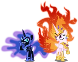 Size: 6000x4782 | Tagged: safe, artist:orin331, derpibooru import, nightmare moon, nightmare star, alicorn, pony, absurd resolution, adorabolical, armor, cewestia, cute, ethereal mane, evil, evil eyes, evil grin, female, filly, foal, galaxy mane, grin, jewelry, mane of fire, moonabetes, nightmare woon, regalia, royal sisters, royalty, sisters, smiling, teenager, woona, younger