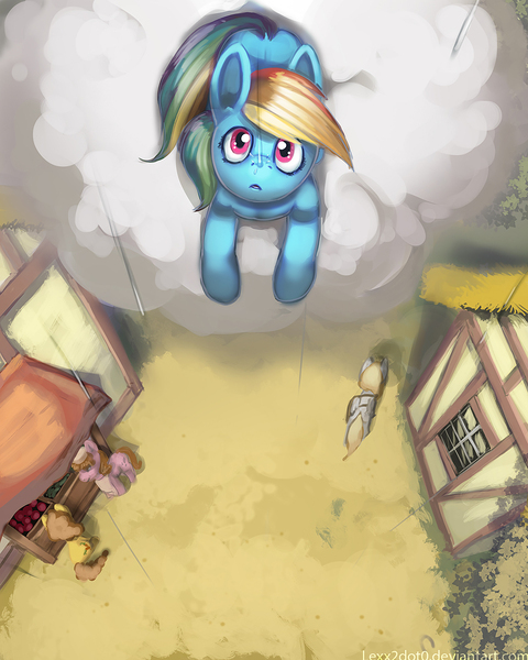 Size: 1000x1250 | Tagged: safe, artist:lexx2dot0, derpibooru import, rainbow dash, oc, pony, building, cloud, looking at something, looking up, open mouth, perspective, prone, rain, scenery, top down