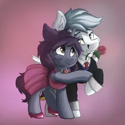Size: 1600x1600 | Tagged: safe, artist:saxopi, derpibooru import, oc, oc:kate, oc:kej, unofficial characters only, pegasus, pony, unicorn, clothes, costume, couple, dress, female, flower, hearts and hooves day, hoof hold, k+k, male, rose, simple background, straight