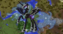 Size: 1920x1057 | Tagged: safe, artist:princess-katie, derpibooru import, nightmare moon, alicorn, pony, ethereal mane, game screencap, minecraft, minecraft pixel art, pixel art, raised hoof, solo, starry mane