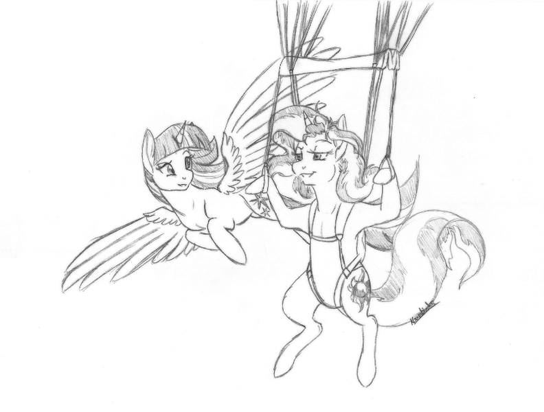 Size: 800x606 | Tagged: safe, artist:kourabiedes, derpibooru import, sunset shimmer, twilight sparkle, twilight sparkle (alicorn), alicorn, pony, unicorn, duo, flying, grayscale, monochrome, parachute, sketch, skydiving