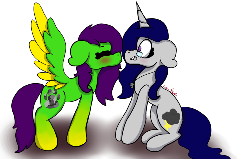 Size: 2308x1555 | Tagged: safe, artist:whosskylar, derpibooru import, oc, oc:camoflage cat, oc:thunderstorm, unofficial characters only, pegasus, pony, unicorn, glasses, jewelry, kissing, necklace, oc x oc, pendant, shipping, simple background, transparent background