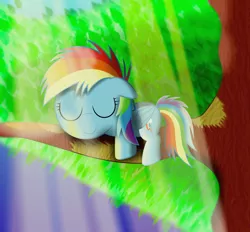 Size: 2750x2550 | Tagged: safe, artist:spellboundcanvas, derpibooru import, rainbow dash, pegasus, pony, c:, crepuscular rays, cute, dashabetes, eyes closed, female, filly, filly rainbow dash, floppy ears, prone, sleeping, smiling, solo, tree, tree branch, younger