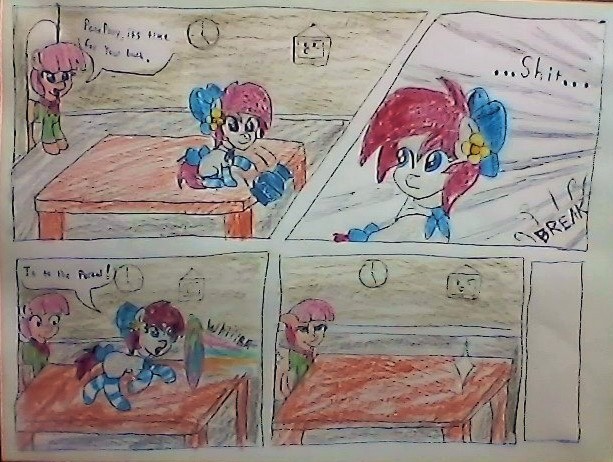 Size: 613x462 | Tagged: artist:kenos, bath, comic, derpibooru import, female, filly, oc, oc:ponepony, oc:scarlet topaz, portal, safe, tinyface, traditional art, unofficial characters only