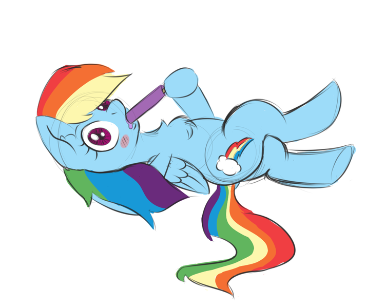 Size: 1000x800 | Tagged: safe, artist:yakoshi, derpibooru import, rainbow dash, blushing, chest fluff, crossed legs, food, on back, popsicle, simple background, solo, white background