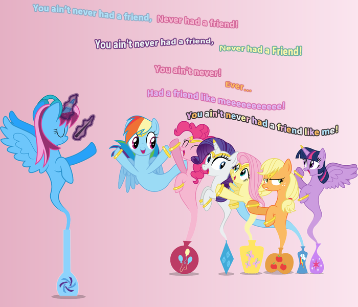 Size: 1280x1097 | Tagged: safe, artist:illumnious, artist:verve, derpibooru import, applejack, fluttershy, pinkie pie, rainbow dash, rarity, twilight sparkle, twilight sparkle (alicorn), oc, oc:parcly taxel, alicorn, genie, pony, ain't never had friends like us, albumin flask, aladdin, alicorn oc, ask, baton, bottle, bracelet, conducting, conductor's baton, friend like me, gem, gradient background, headband, headphones, horn ring, jewelry, levitation, magic, mane six, saddle arabia, singing, telekinesis, tumblr, you ain't never had a friend like me