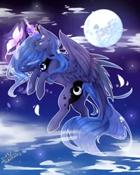 Size: 2000x2500 | Tagged: safe, artist:panchie001, derpibooru import, princess luna, alicorn, butterfly, pony, flower, flower in hair, flying, moon, solo