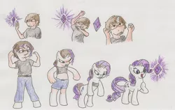 Size: 3057x1929 | Tagged: safe, artist:cjsluggle, derpibooru import, rarity, human, pony, unicorn, disappearing clothes, gem, glow, human to pony, male to female, rule 63, simple background, solo, traditional art, transformation, transformation sequence, transgender transformation, white background