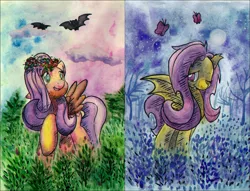 Size: 1437x1100 | Tagged: safe, artist:kannatc, derpibooru import, fluttershy, bat, bat pony, butterfly, pegasus, pony, day, duality, female, floral head wreath, flower, flutterbat, grass, mare, moon, night, outdoors, raised hoof, smiling, solo, split screen, spread wings, standing, traditional art, watercolor painting, wings