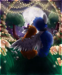 Size: 1000x1200 | Tagged: artist:serenity, auxenity, constellation, derpibooru import, fairy lights, feather, flower, heart, hug, night, oc, oc:scratche aux, oc:serenity, oc x oc, romantic, safe, shipping, speedpaint, speedpaint available, stars, unofficial characters only, valentine, valentine's day, winghug, wings