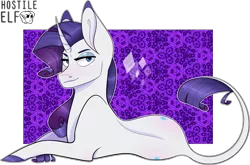 Size: 2367x1564 | Tagged: safe, artist:hostile-elf, derpibooru import, rarity, classical unicorn, pony, unicorn, abstract background, cloven hooves, elusive, leonine tail, prone, rule 63, simple background, solo, transparent background, unshorn fetlocks