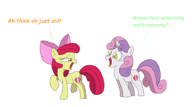 Size: 1849x1024 | Tagged: apple bloom, artist:starlightflopple, derpibooru import, dialogue, safe, simple background, sweetie belle, white background