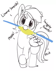 Size: 1280x1607 | Tagged: safe, artist:pabbley, derpibooru import, rainbow dash, pegasus, pony, behaving like a bird, c:, cute, dashabetes, dialogue, head tilt, lemme smash, looking at you, monochrome, mouth hold, nom, parody, partial color, raised hoof, simple background, smiling, solo, stick, swiggity swooty, tail flick, white background