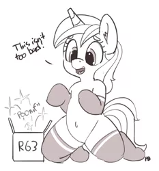 Size: 1280x1371 | Tagged: safe, artist:pabbley, derpibooru import, shining armor, pony, anatomically incorrect, belly button, box, clothes, dialogue, ear fluff, gleaming shield, grayscale, incorrect leg anatomy, kneeling, monochrome, open mouth, rule 63, simple background, smiling, socks, socks edit, solo, white background