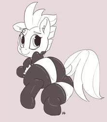 Size: 1280x1446 | Tagged: suggestive, artist:pabbley, derpibooru import, fizzlepop berrytwist, tempest shadow, pony, my little pony: the movie, broken horn, clothes, cute, digital art, dock, ear fluff, eye scar, female, grayscale, latex, latex socks, looking back, lying down, mare, monochrome, panties, plot, scar, simple background, smiling, socks, solo, solo female, tempass, that was fast, the ass was fat, underwear, white background
