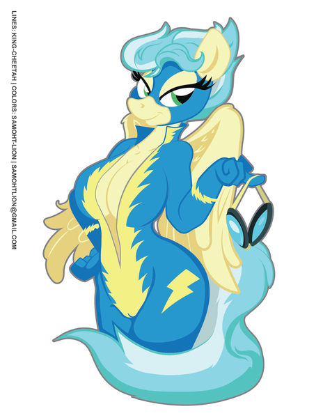 Size: 1276x1651 | Tagged: anthro, artist:samoht-lion, artist:trollie trollenberg, bedroom eyes, breasts, busty misty fly, cameltoe, cleavage, clothes, colored, color edit, derpibooru import, edit, female, goggles, misty fly, pegasus, pinup, questionable, smirk, solo, solo female, uniform, wonderbolts uniform