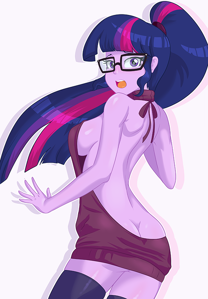 Size: 600x862 | Tagged: questionable, artist:thebrokencog, derpibooru import, sci-twi, twilight sparkle, equestria girls, ass, backless, breasts, busty twilight sparkle, butt, buttcrack, clothes, female, looking at you, looking back, open mouth, open-back sweater, ponytail, sideboob, sleeveless sweater, solo, solo female, surprised, sweater, twibutt, virgin killer sweater