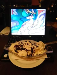 Size: 1224x1632 | Tagged: artist:haden-2375, bananalestia, banana split, chocolate, computer, derpibooru import, dessert, food, ibm, ice cream, irl, laptop computer, lenovo, photo, photographer:pulse wave, princess celestia, safe, thinkpad, waifu dinner