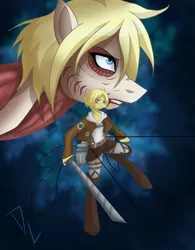 Size: 1177x1511 | Tagged: anime, annie leonhardt, anthro, arm hooves, artist:derpsonhooves, attack on titan, clothes, crossover, derpibooru import, female titan, hoof hold, ponified, safe, skirt, sword, unguligrade anthro, weapon, wires