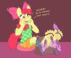 Size: 797x658 | Tagged: adorabloom, anthro, apple bloom, artist:caroo, big feet, bloomsub, blushing, bondage, brush, crying, cute, derpibooru import, feet, foot fetish, laughing, overalls, plantigrade anthro, redraw, squirming, stocks, suggestive, tears of laughter, tickle torture, tickling, toes, toe tied