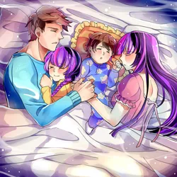 Size: 894x894 | Tagged: artist:miriki-chi, bed, bedsheets, benpeter, blushing, clothes, crossover, crossover shipping, cute, daughter, derpibooru import, dress, family, father, father and daughter, father and son, female, holding hands, human, humanized, humanized oc, husband and wife, male, maydaypeter, mother, mother and daughter, mother and son, nightgown, oc, oc:ben parker sparkle, oc:mayday parker sparkle, offspring, pajamas, parent:peter parker, parents:spidertwi, parent:twilight sparkle, peter parker, pillow, safe, shipping, sleeping, son, spider-man, spidertwi, straight, twilight sparkle
