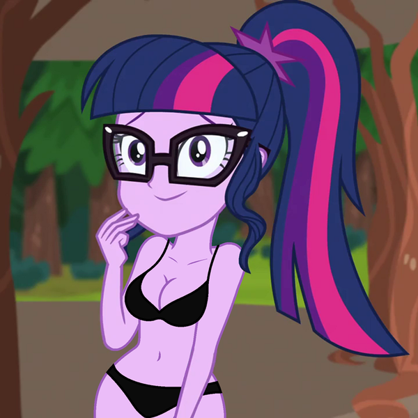 Size: 720x720 | Tagged: suggestive, derpibooru import, edit, edited screencap, editor:ah96, screencap, sci-twi, twilight sparkle, equestria girls, legend of everfree, belly button, black underwear, bra, breast edit, breasts, cleavage, clothes, female, panties, sexy, solo, underwear, underwear edit