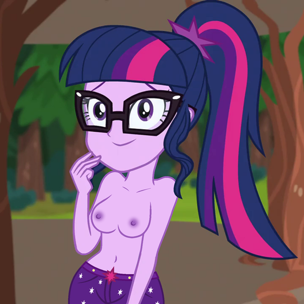 Size: 720x720 | Tagged: questionable, artist:ah96, derpibooru import, edit, edited screencap, editor:ah96, screencap, sci-twi, twilight sparkle, human, equestria girls, legend of everfree, belly button, breast edit, breasts, clothes, female, glasses, nipples, nude edit, nudity, partial nudity, partial nudity edit, smiling, solo, solo female, topless, topless edit, tree