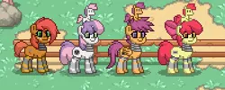 Size: 398x160 | Tagged: safe, derpibooru import, apple bloom, babs seed, scootaloo, sweetie belle, pony, robot, robot pony, pony town, apple bloom bot, bot seed, clothes, cutie mark crusaders, fence, plushie, scootabot, socks, striped socks, sweetie bot