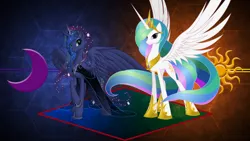 Size: 3840x2160 | Tagged: safe, artist:laszlvfx, artist:nemesis360, derpibooru import, edit, princess celestia, princess luna, alicorn, pony, clothes, dress, high res, raised hoof, royal sisters, spread wings, standing, wallpaper, wallpaper edit