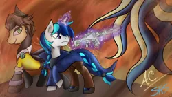 Size: 1024x576 | Tagged: safe, artist:animechristy, derpibooru import, oc, ponified, unofficial characters only, pony, unicorn, borderlands, clothes, commission, crossover, duo, glowing horn, gun, handsome jack, magic, weapon