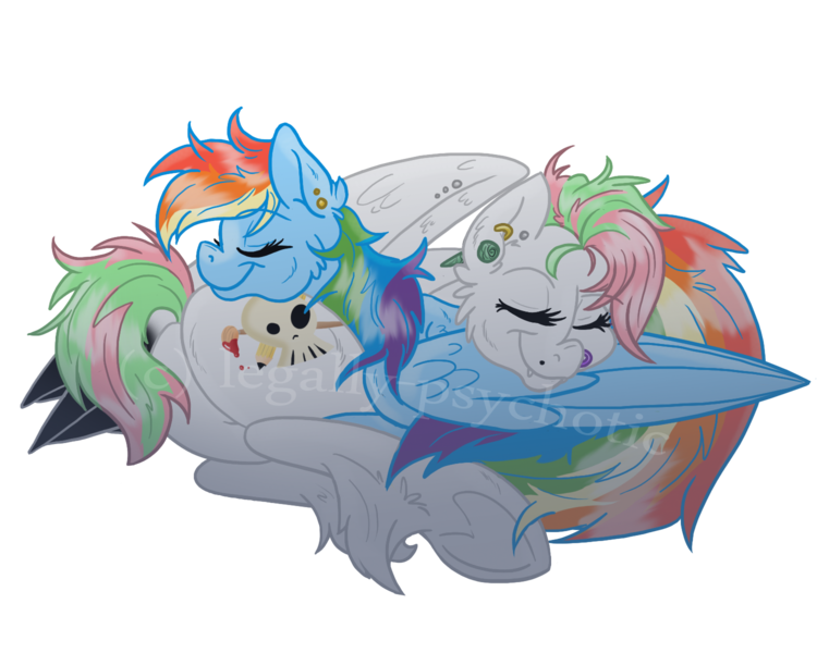 Size: 1500x1200 | Tagged: safe, artist:legally-psychotic, derpibooru import, rainbow dash, oc, oc:stained glass, pegasus, pony, canon x oc, ear piercing, female, lesbian, mare, nose piercing, piercing, pony pillow, shipping, sleeping, unshorn fetlocks, watermark