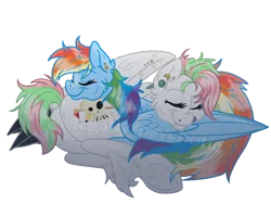 Size: 1500x1200 | Tagged: safe, artist:legally-psychotic, derpibooru import, rainbow dash, oc, oc:stained glass, pegasus, pony, canon x oc, ear piercing, female, lesbian, mare, nose piercing, piercing, pony pillow, shipping, sleeping, unshorn fetlocks, watermark